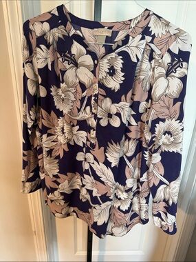 LOFT Navy Floral Henley Blouse with Blush Accents